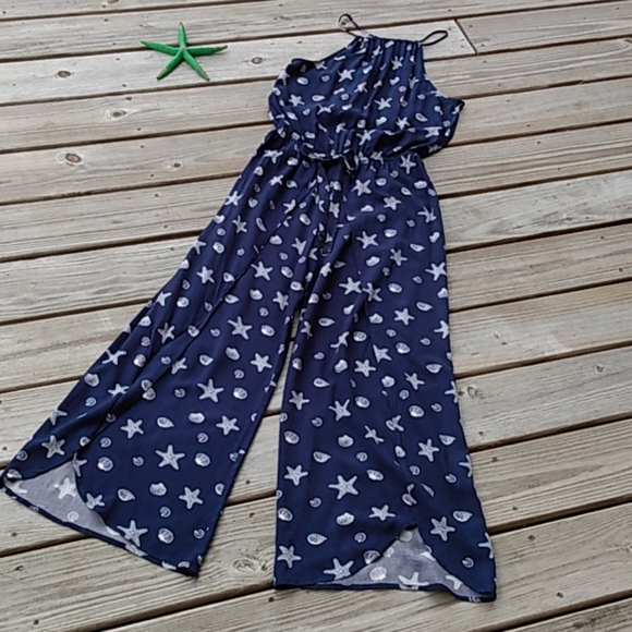 Mimi Chica Pants - Mimi Chica M Seashell Blue White Wide Leg Jumpsuit